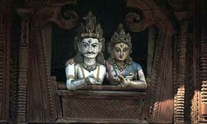 Detail of wood carvings, Lord Shiva and his consort Shivati. Durbar Square, Kathmandu