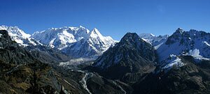Looking down from the Mirgin La towards the ablation valley with the Yalung glacier and Rathong 